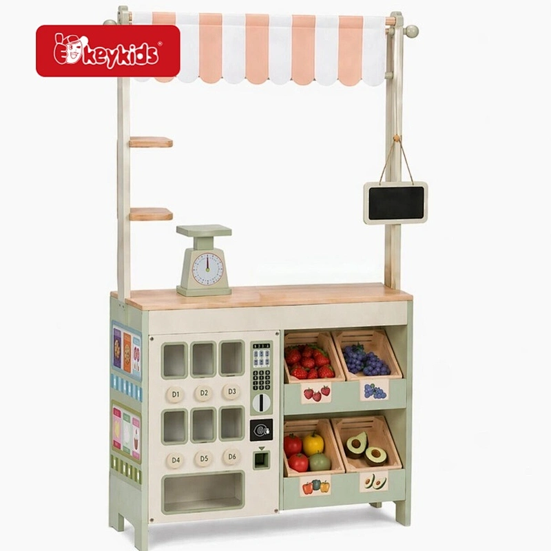 2026 New Wooden Pretend Play Grocery Store with Vending Machine and Fruit Accessories Kids Market Stall Toy Set W10A331